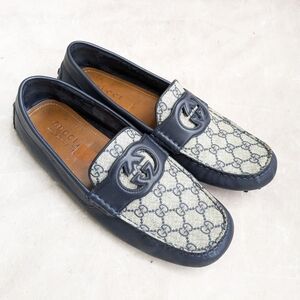Gucci Driving Loafers Navy Blue 11.5 Men Monogram Logo GG